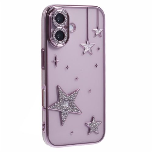 For iPhone 16 Case 3D Bling Stars Electroplating TPU Clear Phone Case - Pink