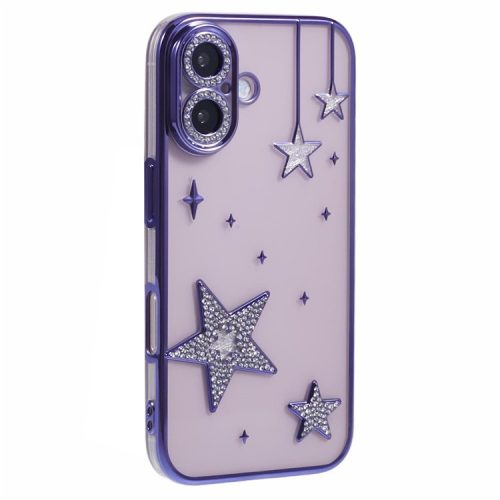 For iPhone 16 Case 3D Bling Stars Electroplating TPU Clear Phone Case - Purple