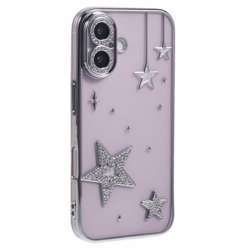 For iPhone 16 Case 3D Bling Stars Electroplating TPU Clear Phone Case - Silver