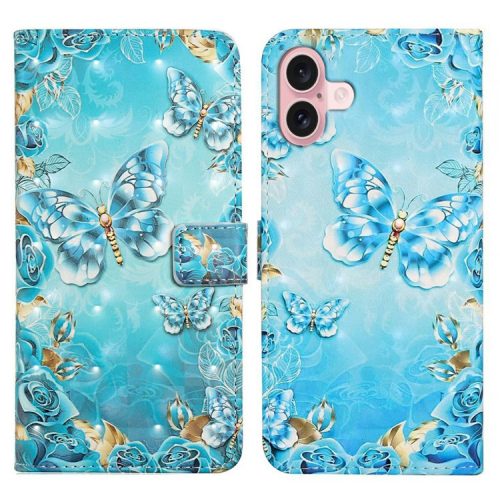 For iPhone 16 Case 3D Creative Pattern PU Leather Stand Phone Cover - Blue Butterfly