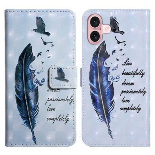 For iPhone 16 Case 3D Creative Pattern PU Leather Stand Phone Cover - Blue Feather