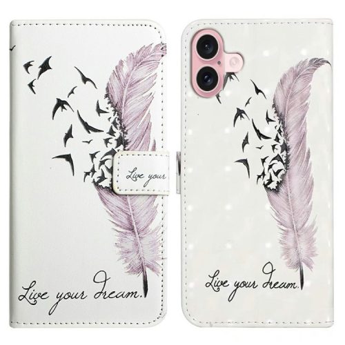 For iPhone 16 Case 3D Creative Pattern PU Leather Stand Phone Cover - Feather