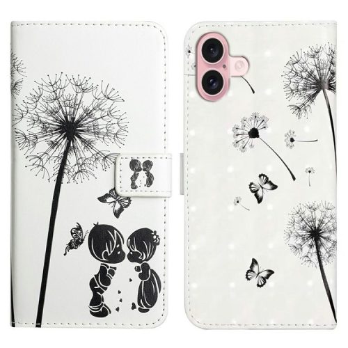 For iPhone 16 Case 3D Creative Pattern PU Leather Stand Phone Cover - Kids and Dandelion