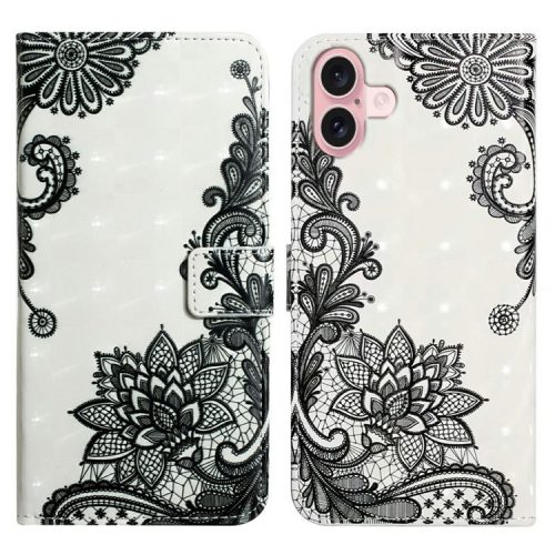 For iPhone 16 Case 3D Creative Pattern PU Leather Stand Phone Cover - Lace Flower