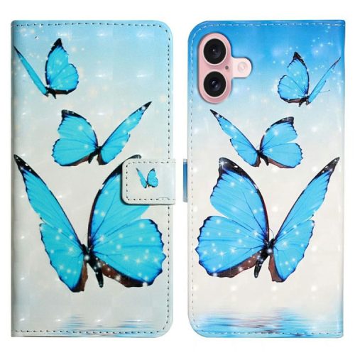 For iPhone 16 Case 3D Creative Pattern PU Leather Stand Phone Cover - Three Butterflies