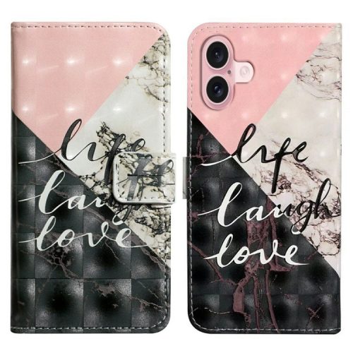 For iPhone 16 Case 3D Creative Pattern PU Leather Stand Phone Cover - Tri-Color Marble