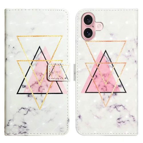 For iPhone 16 Case 3D Creative Pattern PU Leather Stand Phone Cover - Triangle Marble