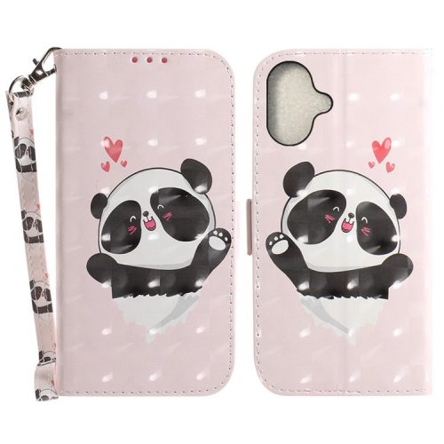 For iPhone 16 Case 3D Pattern Print Leather Flip Wallet Phone Cover - Love Heart Panda