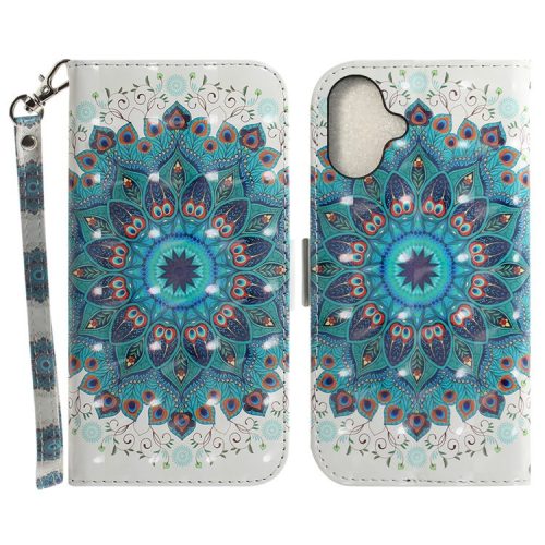 For iPhone 16 Case 3D Pattern Print Leather Flip Wallet Phone Cover - Peacock Wreath