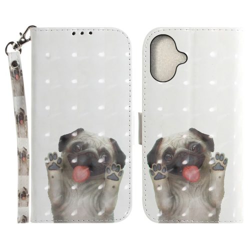 For iPhone 16 Case 3D Pattern Print Leather Flip Wallet Phone Cover - Pug