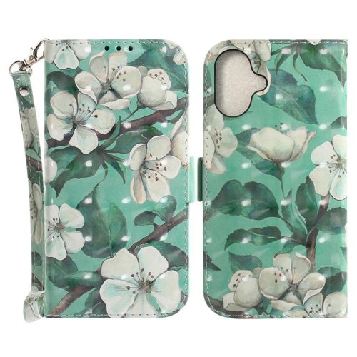 For iPhone 16 Case 3D Pattern Print Leather Flip Wallet Phone Cover - Watercolor Flowers