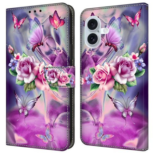 For iPhone 16 Case 3D Pattern PU Leather Wallet Phone Cover with Stand - Butterflies / Flower