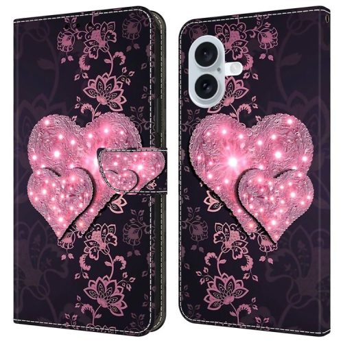 For iPhone 16 Case 3D Pattern PU Leather Wallet Phone Cover with Stand - Lace Hearts