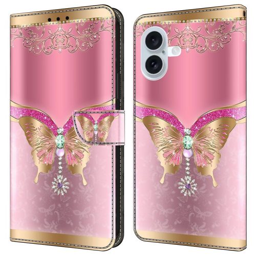 For iPhone 16 Case 3D Pattern PU Leather Wallet Phone Cover with Stand - Pink / Gold Butterfly