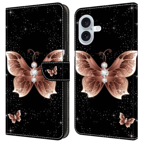 For iPhone 16 Case 3D Pattern PU Leather Wallet Phone Cover with Stand - Pink Diamond Butterfly