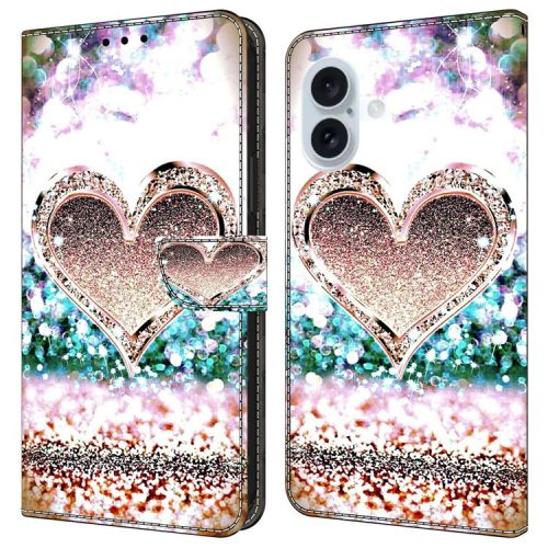 For iPhone 16 Case 3D Pattern PU Leather Wallet Phone Cover with Stand - Pink Diamond Heart