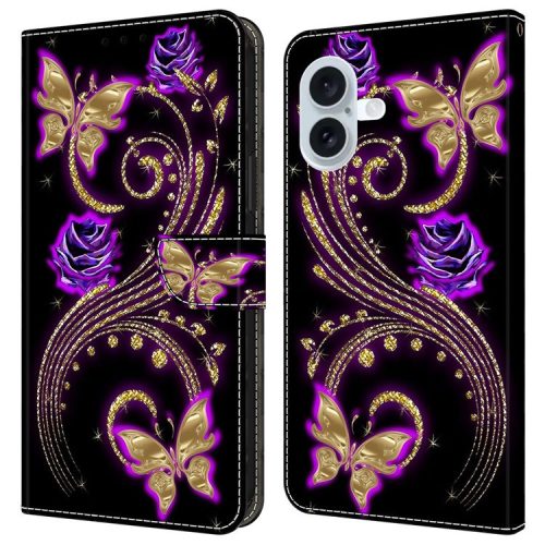 For iPhone 16 Case 3D Pattern PU Leather Wallet Phone Cover with Stand - Purple Flowers / Butterflies