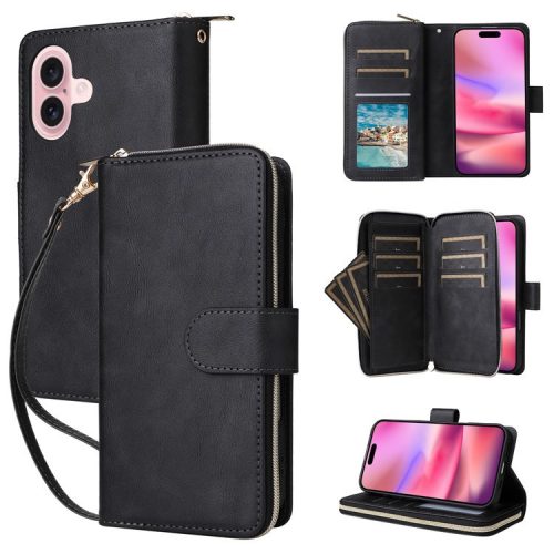 For iPhone 16 Case 9 Card Slots PU Leather Zipper Wallet Phone Cover - Black