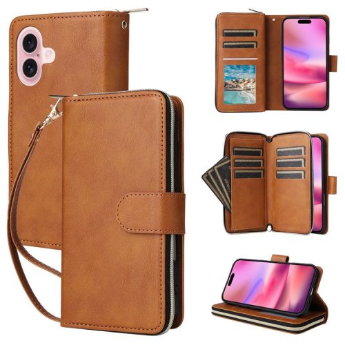 For iPhone 16 Case 9 Card Slots PU Leather Zipper Wallet Phone Cover - Brown