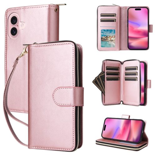 For iPhone 16 Case 9 Card Slots PU Leather Zipper Wallet Phone Cover - Rose Gold