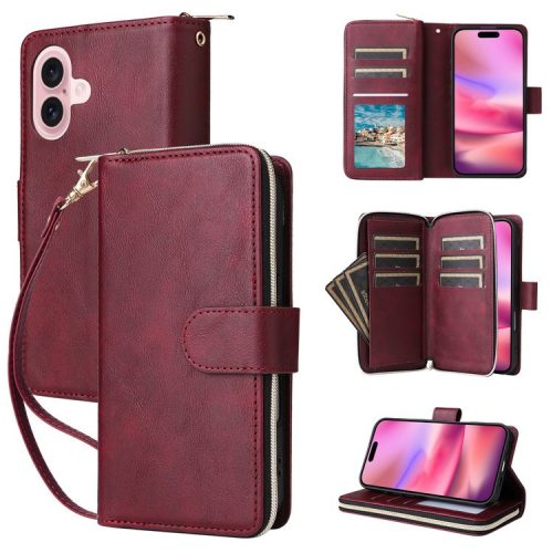 For iPhone 16 Case 9 Card Slots PU Leather Zipper Wallet Phone Cover - Wine Red