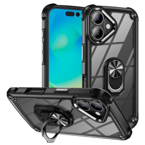 For iPhone 16 Case Alloy Lens Frame PC + TPU Kickstand Phone Back Cover - Black