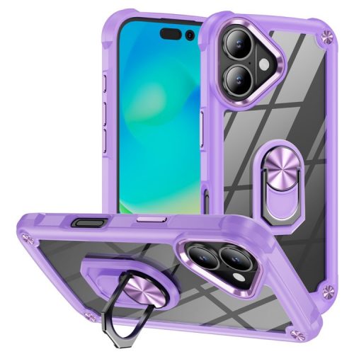 For iPhone 16 Case Alloy Lens Frame PC + TPU Kickstand Phone Back Cover - Lilac