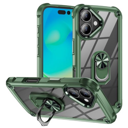 For iPhone 16 Case Alloy Lens Frame PC + TPU Kickstand Phone Back Cover - Olive Green