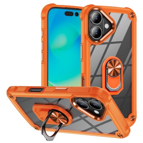 For iPhone 16 Case Alloy Lens Frame PC + TPU Kickstand Phone Back Cover - Orange