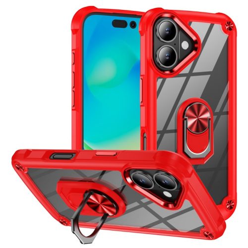 For iPhone 16 Case Alloy Lens Frame PC + TPU Kickstand Phone Back Cover - Red