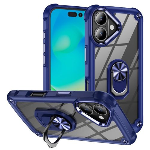 For iPhone 16 Case Alloy Lens Frame PC + TPU Kickstand Phone Back Cover - Sapphire