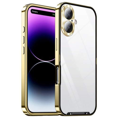 For iPhone 16 Case Aluminium Alloy Frame Matte PC Back Phone Cover with Lens Protector - Gold