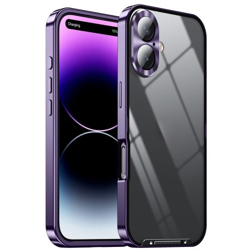 For iPhone 16 Case Aluminium Alloy Frame Matte PC Back Phone Cover with Lens Protector - Purple