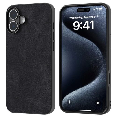 For iPhone 16 Case Anti-Scratch PU Leather Phone Back Cover Black Edge - Black