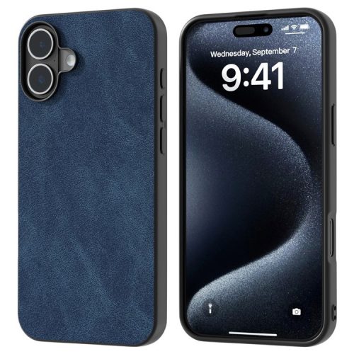 For iPhone 16 Case Anti-Scratch PU Leather Phone Back Cover Black Edge - Blue