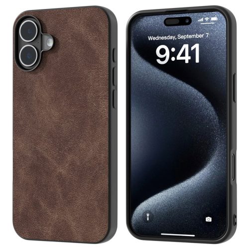 For iPhone 16 Case Anti-Scratch PU Leather Phone Back Cover Black Edge - Coffee