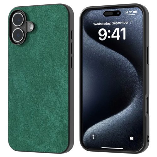 For iPhone 16 Case Anti-Scratch PU Leather Phone Back Cover Black Edge - Green