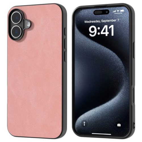 For iPhone 16 Case Anti-Scratch PU Leather Phone Back Cover Black Edge - Pink