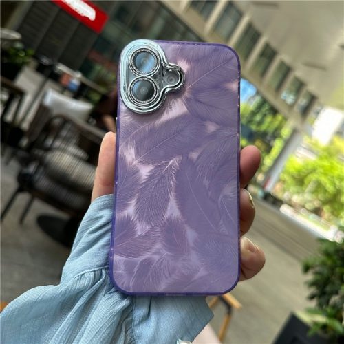 For iPhone 16 Case Anti-Scratch TPU+PC Phone Cover Feather Pattern - Purple