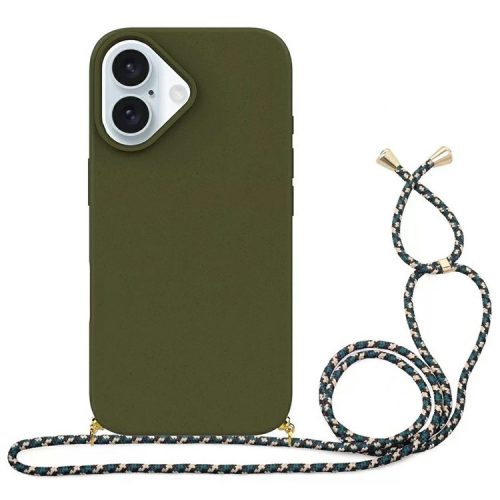 For iPhone 16 Case Biodegradable Wheat Straw+TPU Anti-drop Phone Cover with Long Lanyard - Army Green