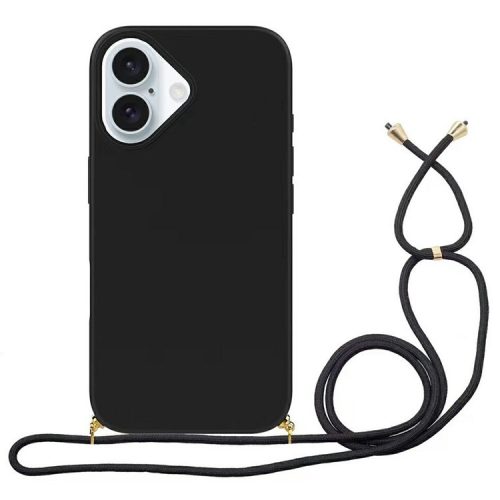 For iPhone 16 Case Biodegradable Wheat Straw+TPU Anti-drop Phone Cover with Long Lanyard - Black