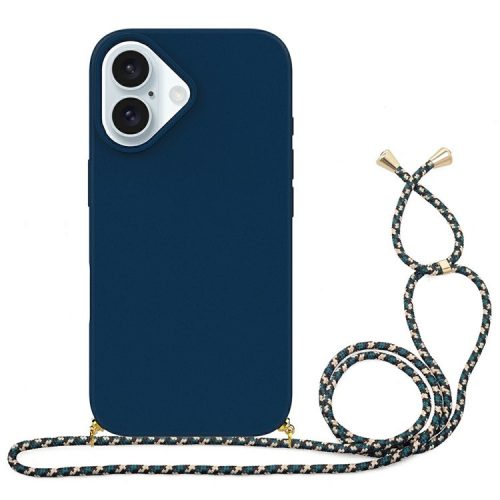 For iPhone 16 Case Biodegradable Wheat Straw+TPU Anti-drop Phone Cover with Long Lanyard - Dark Blue