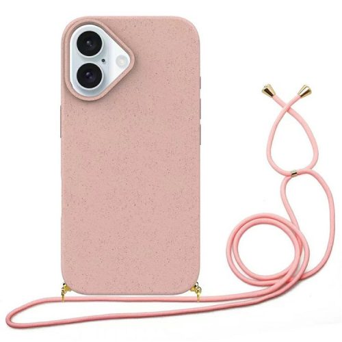 For iPhone 16 Case Biodegradable Wheat Straw+TPU Anti-Drop Phone Cover with Long Lanyard - Pink