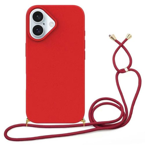 For iPhone 16 Case Biodegradable Wheat Straw+TPU Anti-drop Phone Cover with Long Lanyard - Red