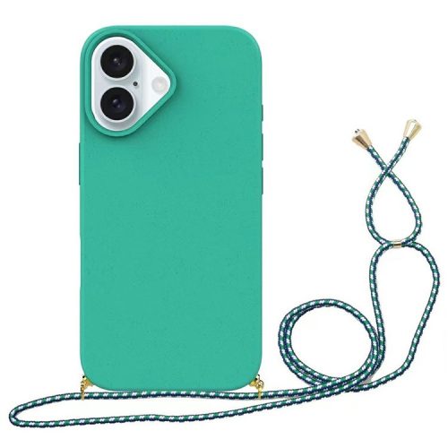 For iPhone 16 Case Biodegradable Wheat Straw+TPU Anti-drop Phone Cover with Long Lanyard - Sky Blue