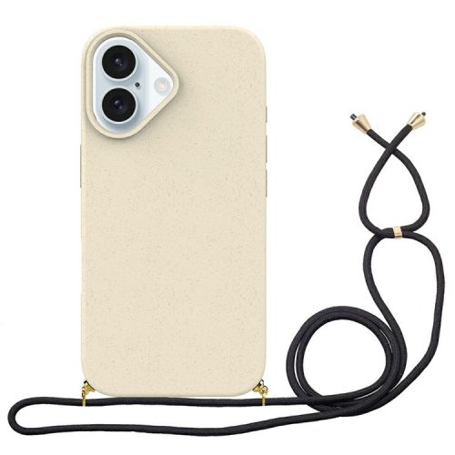 For iPhone 16 Case Biodegradable Wheat Straw+TPU Anti-drop Phone Cover with Long Lanyard - White