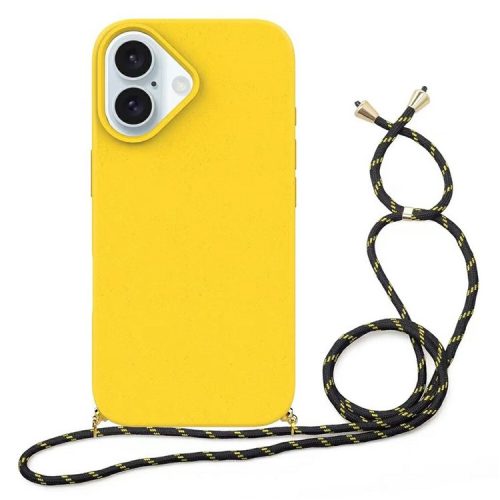 For iPhone 16 Case Biodegradable Wheat Straw+TPU Anti-drop Phone Cover with Long Lanyard - Yellow