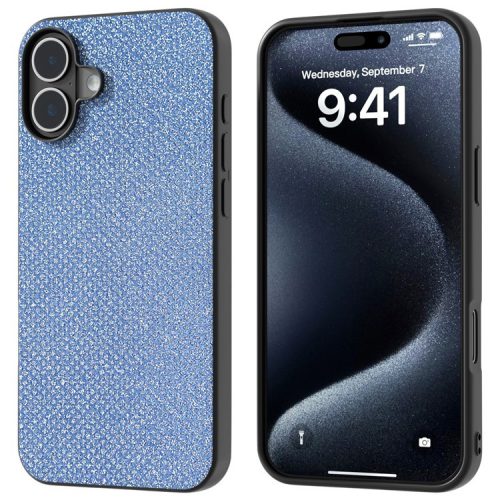 For iPhone 16 Case Black Edge PU+PC+TPU Phone Cover Rhinestone Texture - Blue