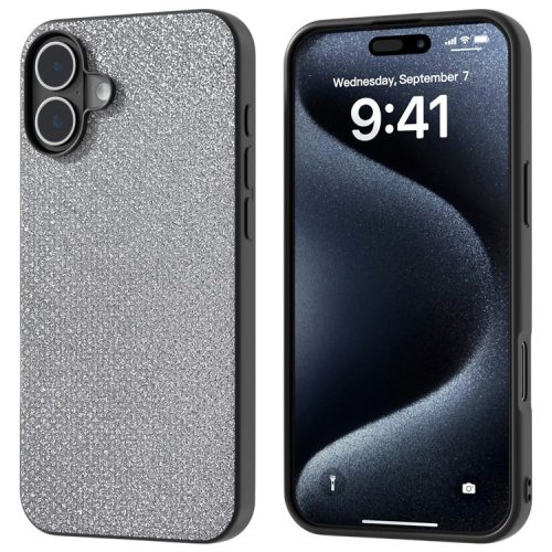 For iPhone 16 Case Black Edge PU+PC+TPU Phone Cover Rhinestone Texture - Silver