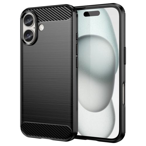 For iPhone 16 Case Brushed Soft TPU Phone Cover Carbon Fiber Texture - Black